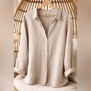 🌱 FLAX 100% Linen Button Down Top L Taupe Neutral Relaxed Minimalist Coastal